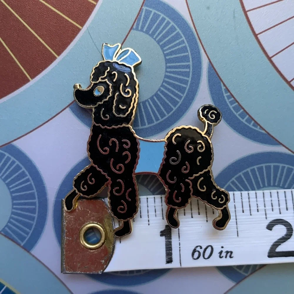 Fancy black French Poodle pin with blue eyes, sweater + bow EUC